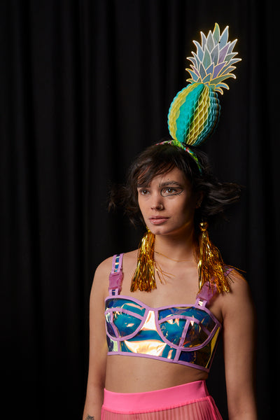 Ciara Monahan - Turquoise Fold Away Psychedelic Pineapple Headpiece with Gold Tassels
