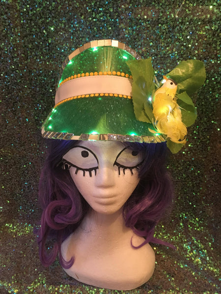 Green Festival Visor with Lights & Yellow Tropical Bird - Ciara Monahan