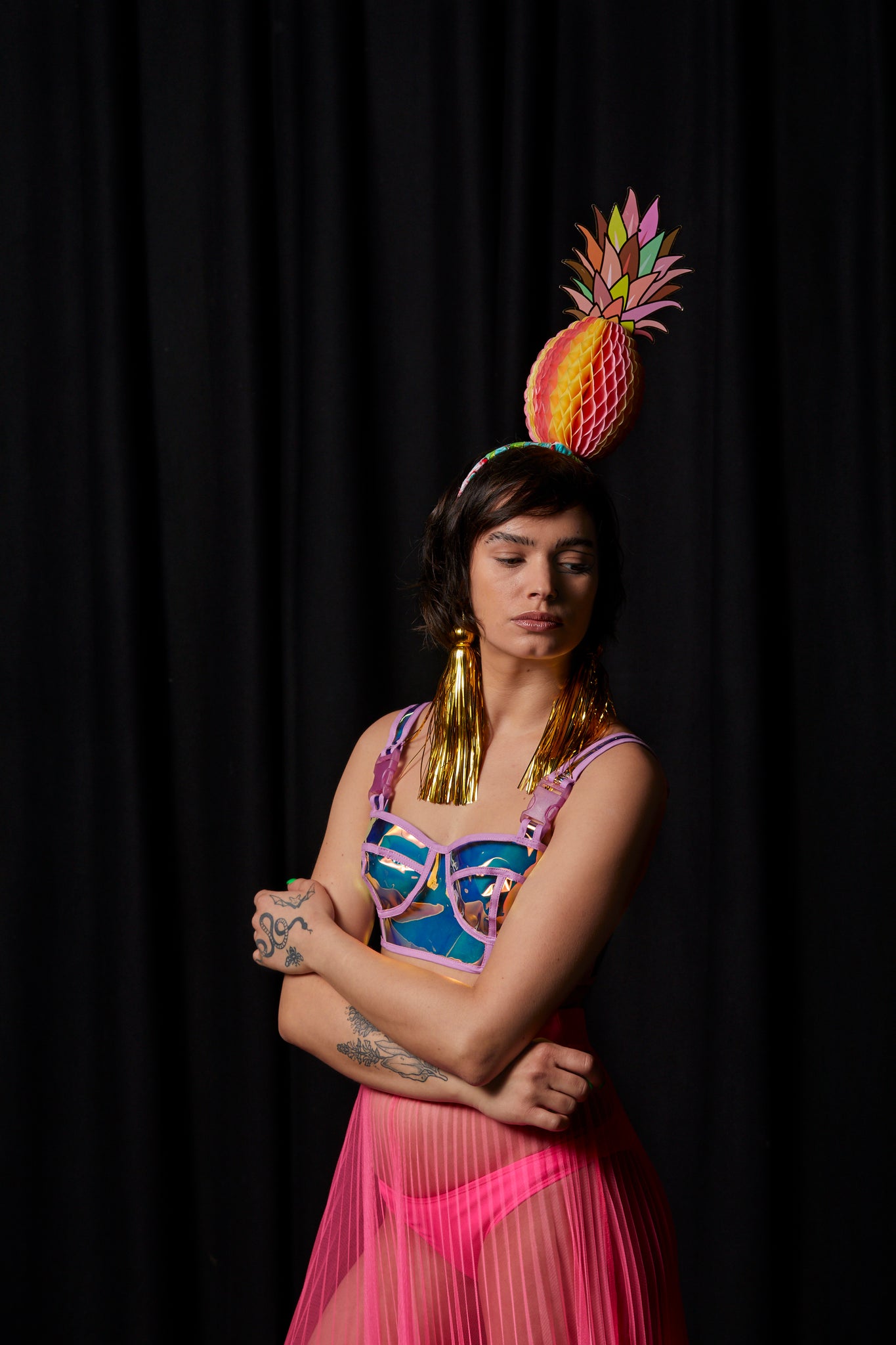 Ciara Monahan - Pink Fold Away Psychedelic Pineapple Headpiece with Gold Tassels