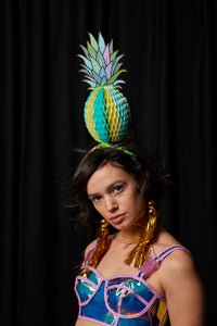 Ciara Monahan - Turquoise Fold Away Psychedelic Pineapple Headpiece with Gold Tassels