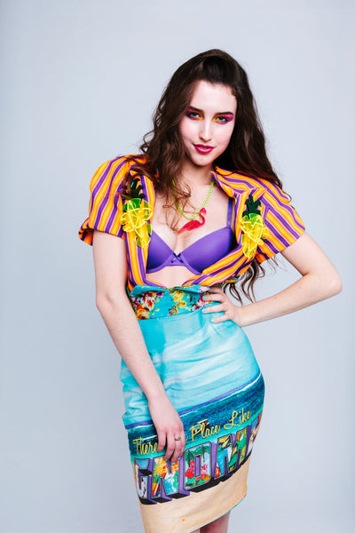 Tropical Festival Fashion Skirt with Beach Postcard Print - Ciara Monahan