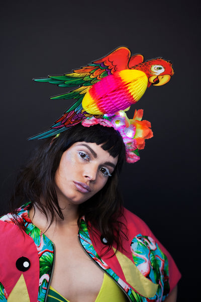 Light Up Tropical Festival Parrot Headpiece with Flowers - Ciara Monahan