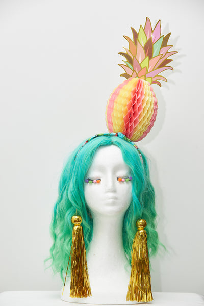 Ciara Monahan - Pink Fold Away Psychedelic Pineapple Headpiece with Gold Tassels