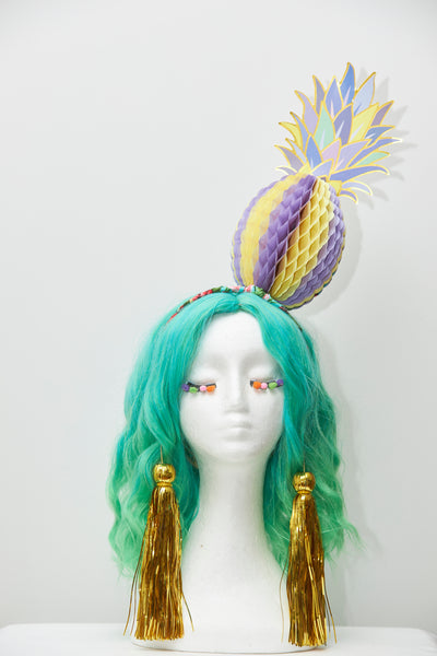 Ciara Monahan - Purple Fold Away Psychedelic Pineapple Headpiece with Gold Tassels