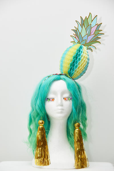 Ciara Monahan - Turquoise Fold Away Psychedelic Pineapple Headpiece with Gold Tassels