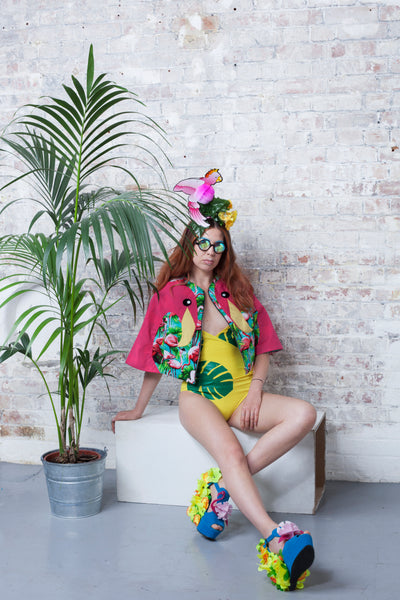 Tropical Floral Festival Headpiece with Pink Cockatoo Bird - Flamingo Cape - Ciara Monahan