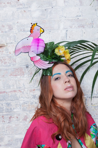 Tropical Floral Festival Headpiece with Pink Cockatoo Bird - Ciara Monahan