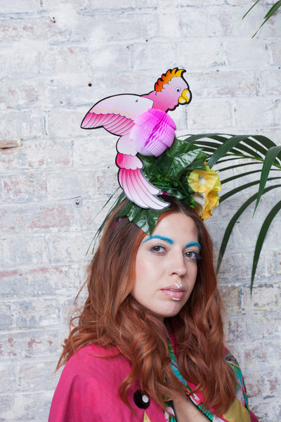 Tropical Floral Festival Headpiece with Pink Cockatoo Bird - Ciara Monahan