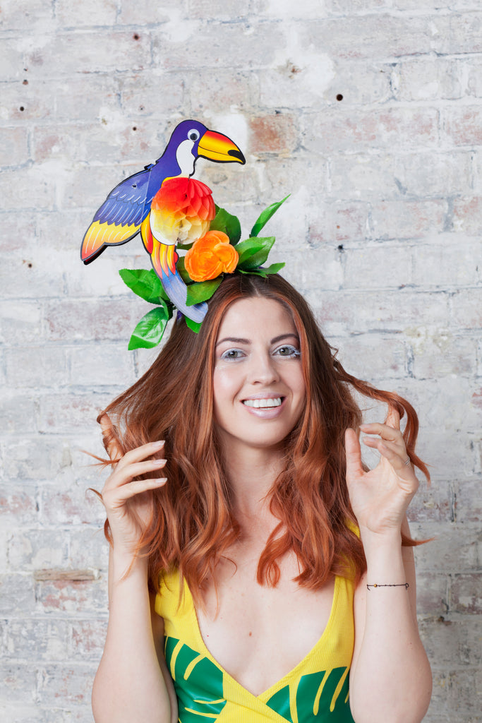 Purple Toucan Headpiece with UV Reactive Flower & Fold-Away Body